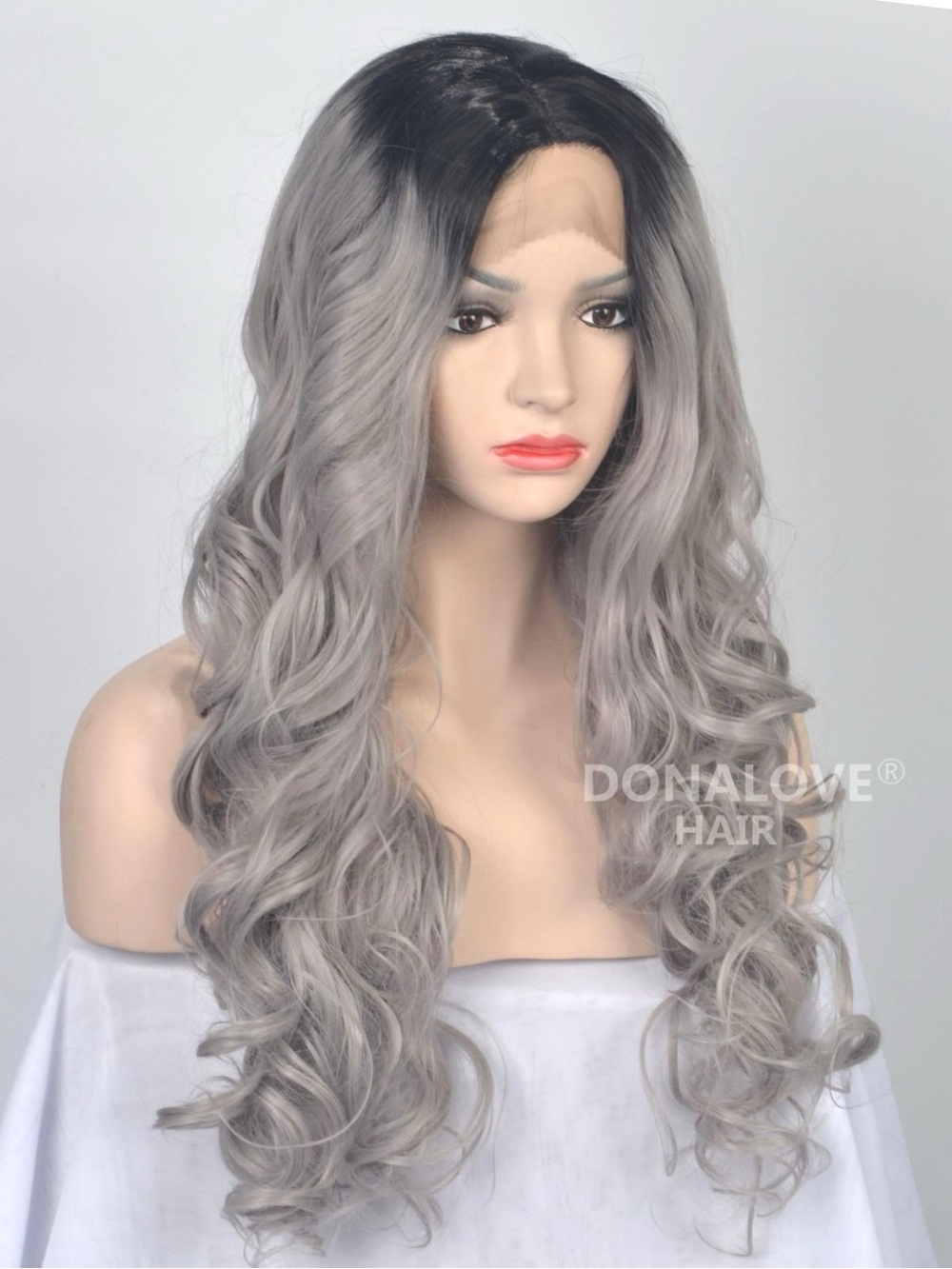 DONALOVE Hair Long Gray Ombre Wavy Lace Front Wig